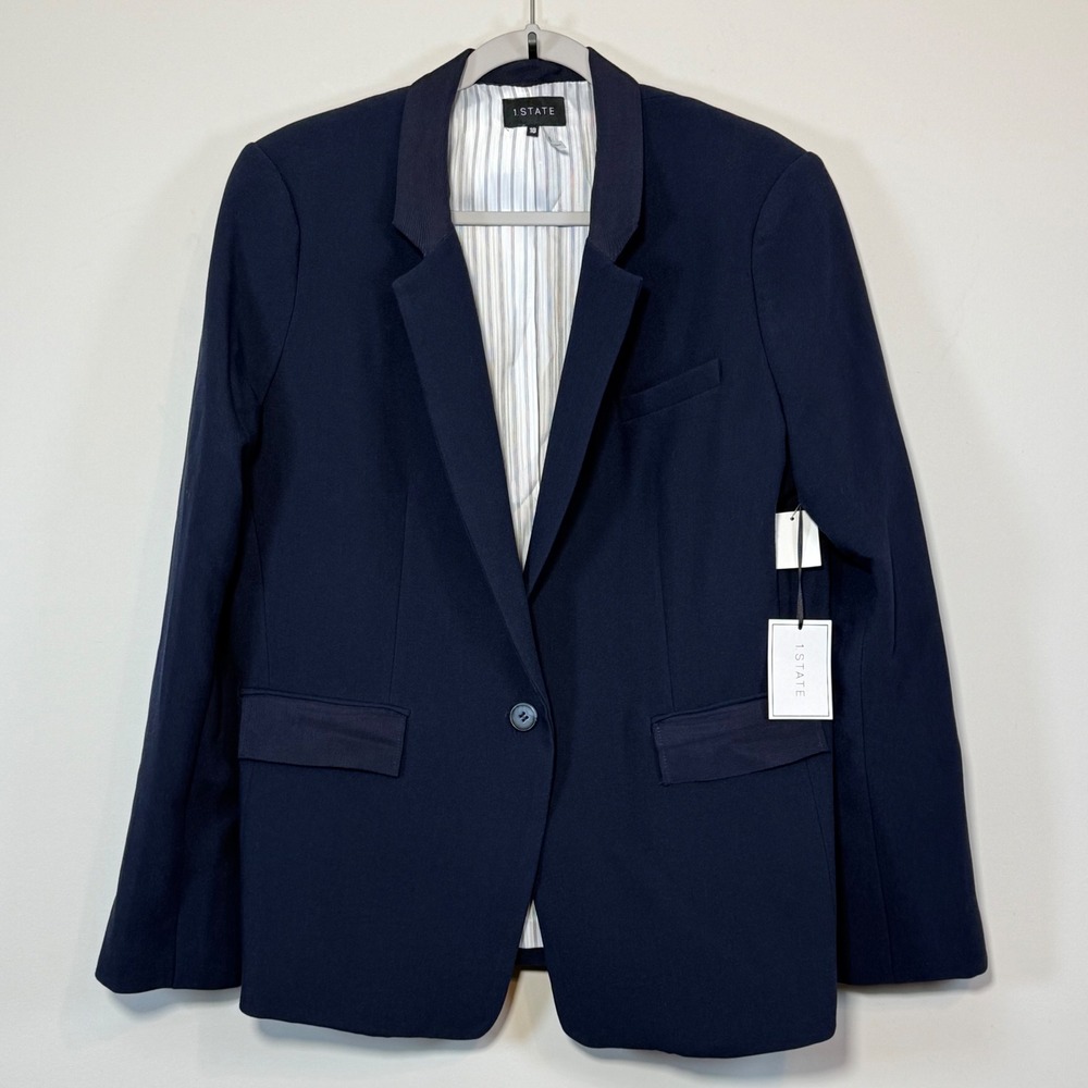 NEW 1.STATE Blazer Womens 18 Navy Single Button Ribbed Trim CorporateCore Preppy